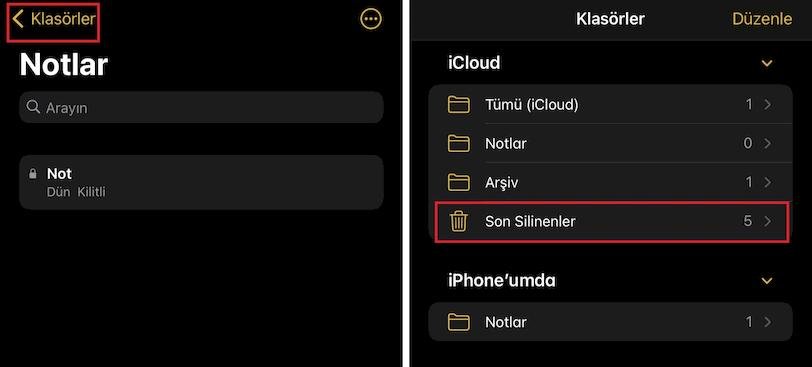 iphone da silinen notları geri getirme